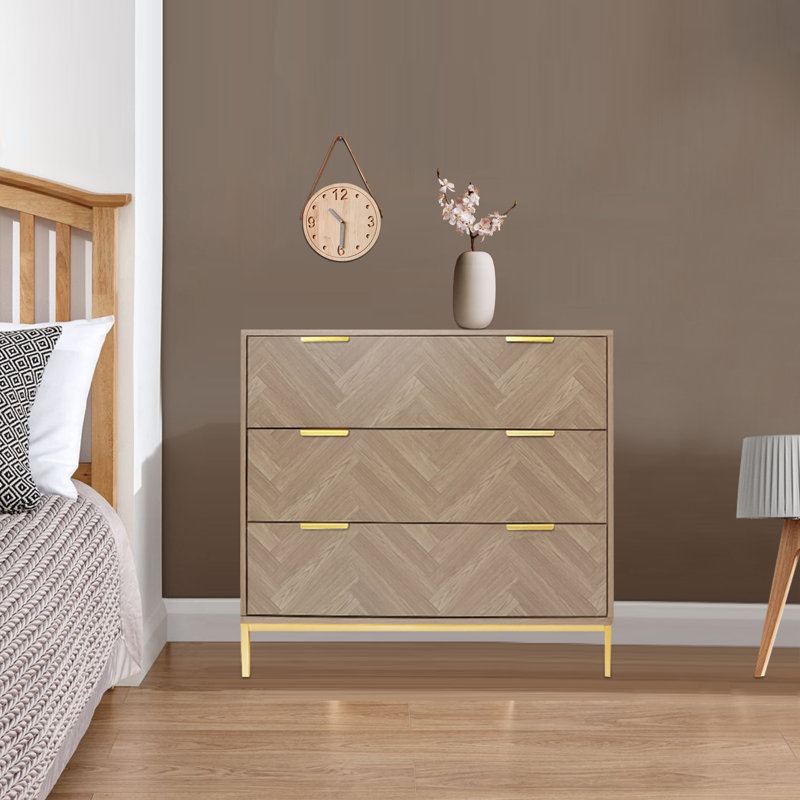 Bendt Modern 3 Drawer Chest Dresser Mid Century Natural Oak Organizer Bedroom Furniture with Gold Metal